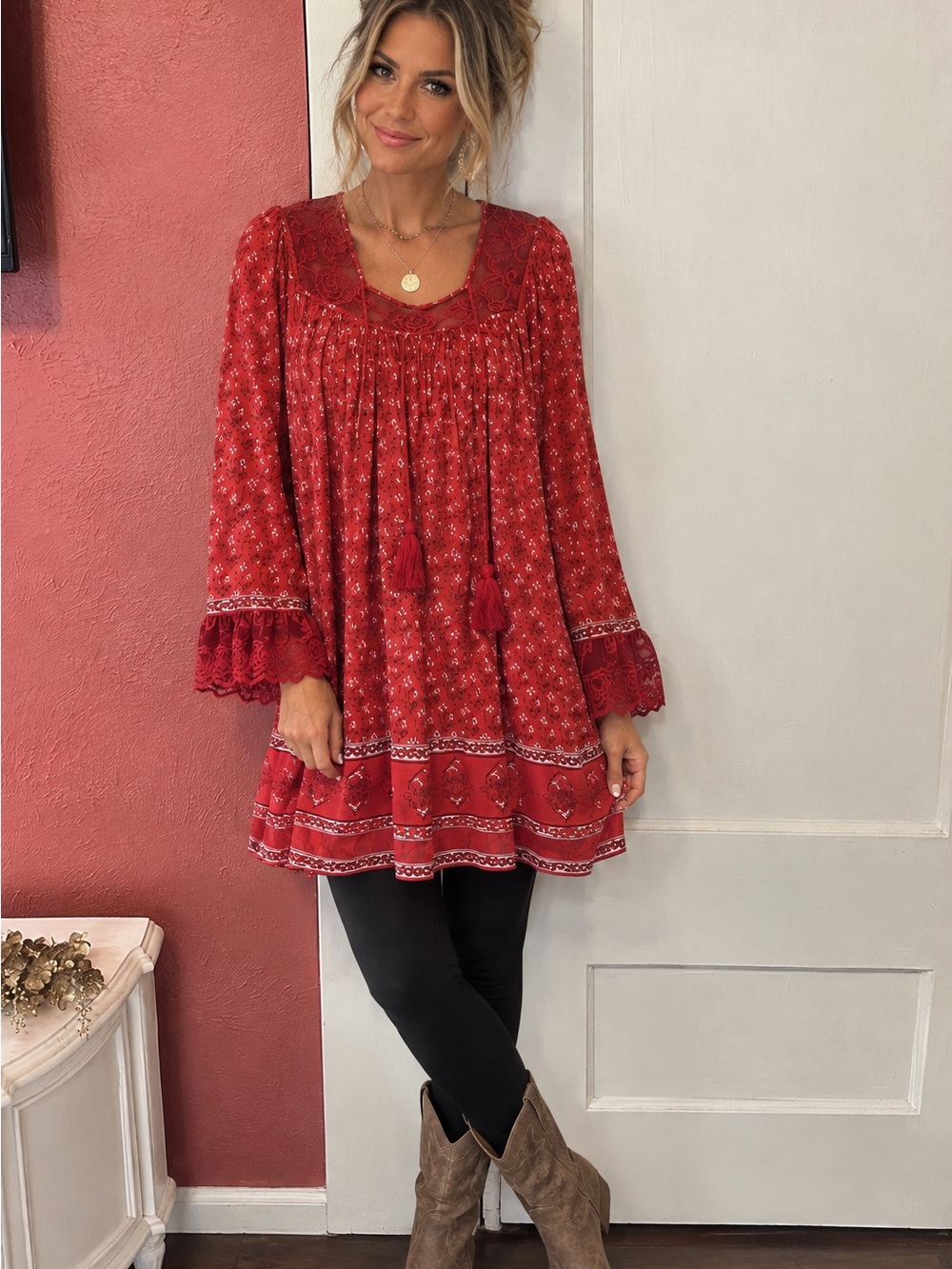 Free People Red Floral Crochet Trim Tunic